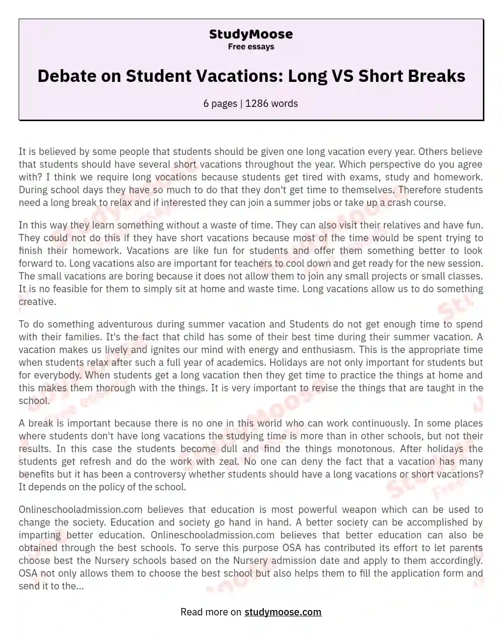 Debate on Student Vacations: Long VS Short Breaks essay