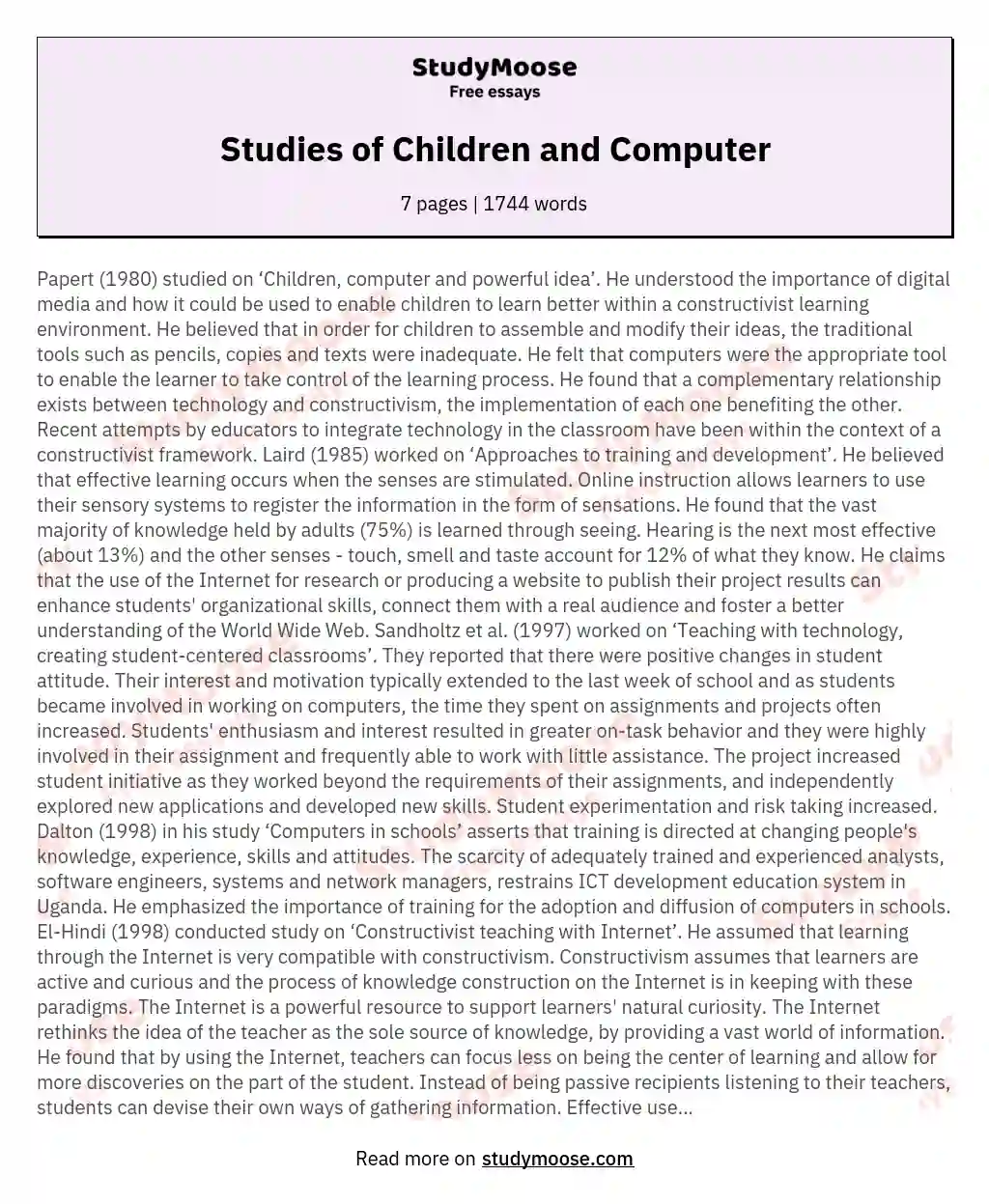 Studies of Children and Computer essay