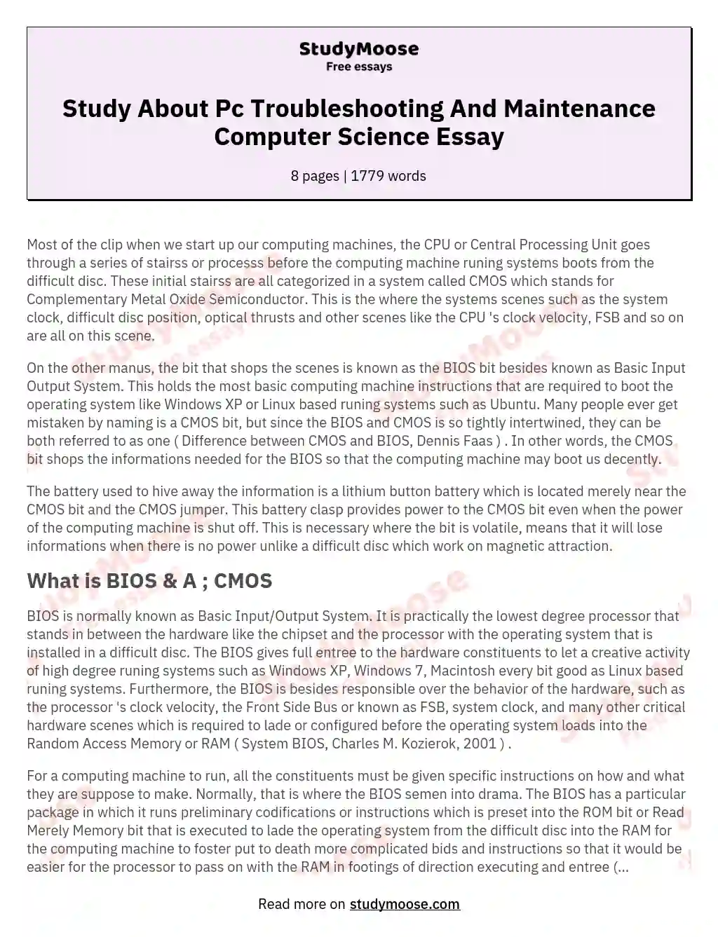 Study About Pc Troubleshooting And Maintenance Computer Science Essay essay