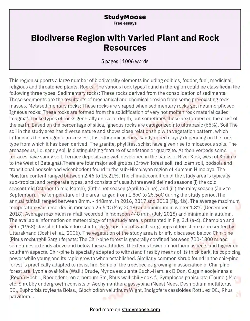 Biodiverse Region with Varied Plant and Rock Resources essay