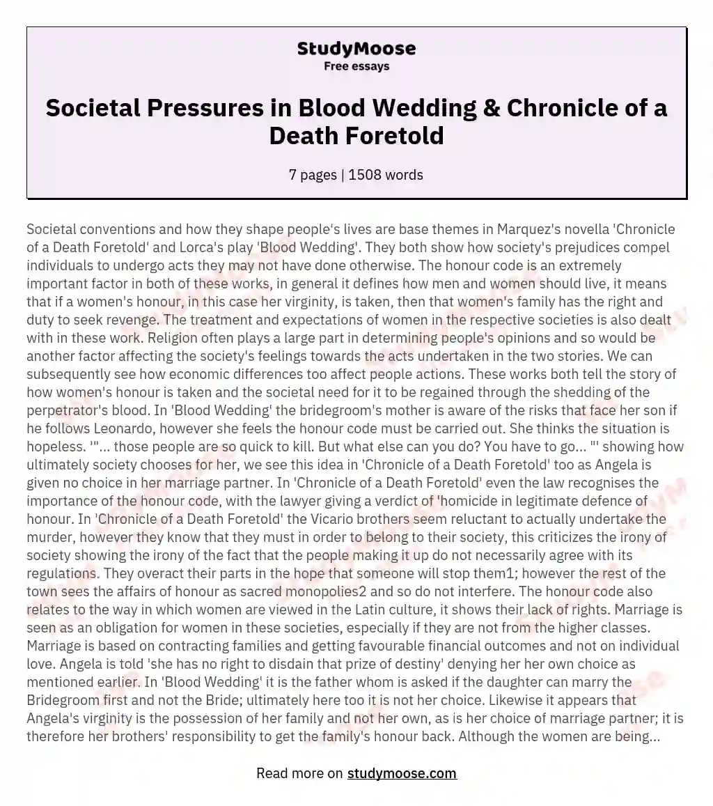 Societal Pressures in Blood Wedding & Chronicle of a Death Foretold essay