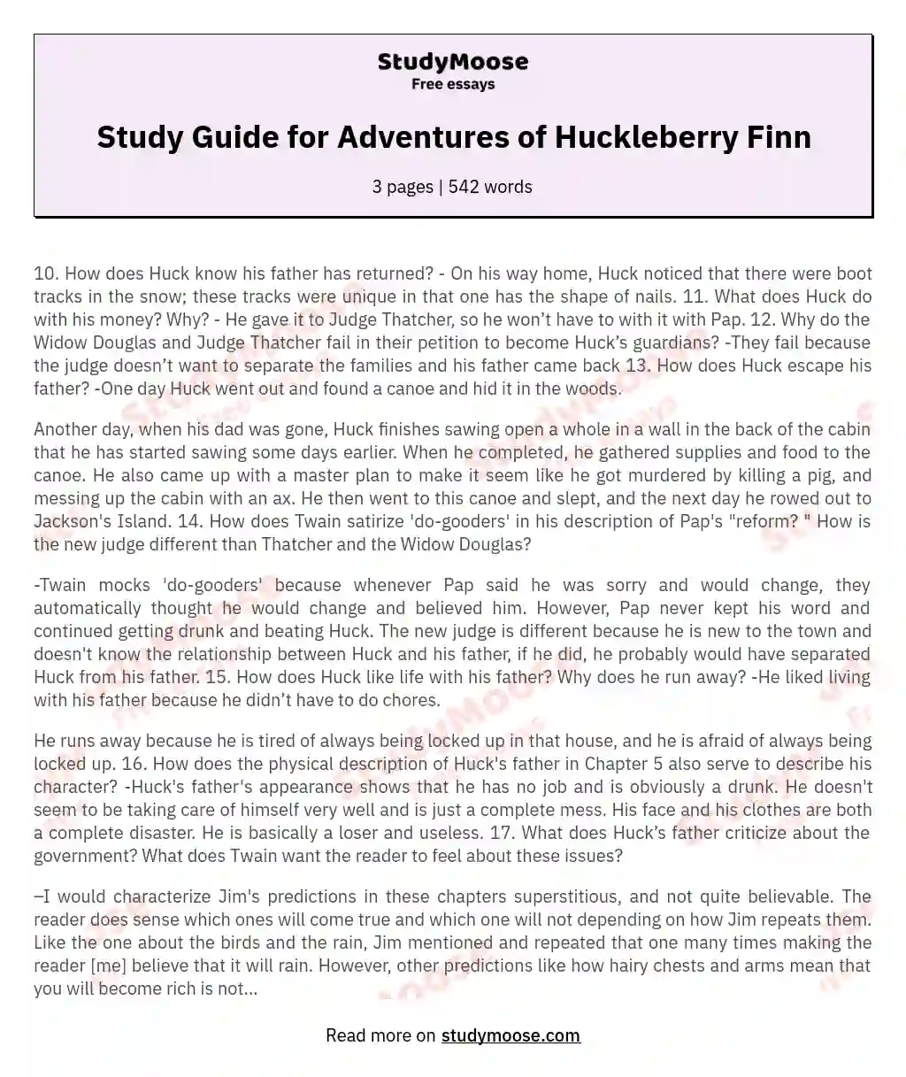 Study Guide for Adventures of Huckleberry Finn