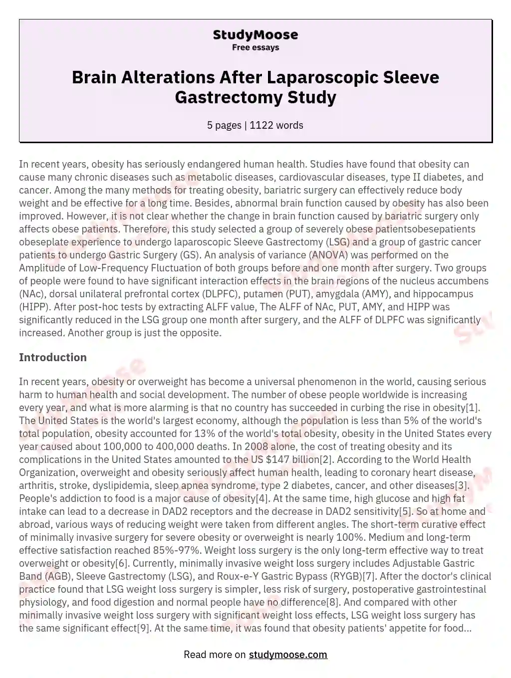 Brain Alterations After Laparoscopic Sleeve Gastrectomy Study essay