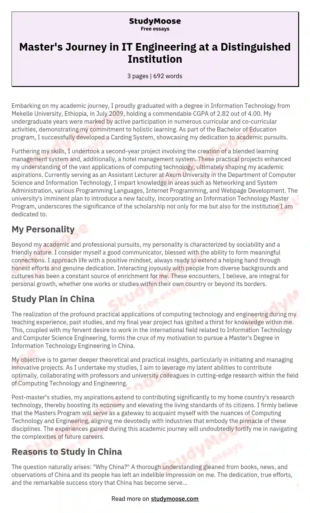 Study Plan For Graduate Studies Free Essay Sample