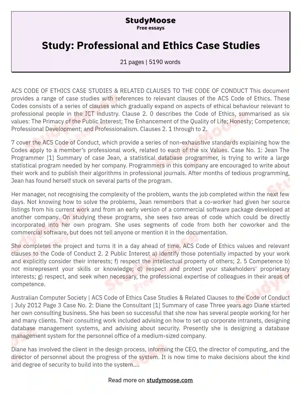 Study: Professional and Ethics Case Studies essay