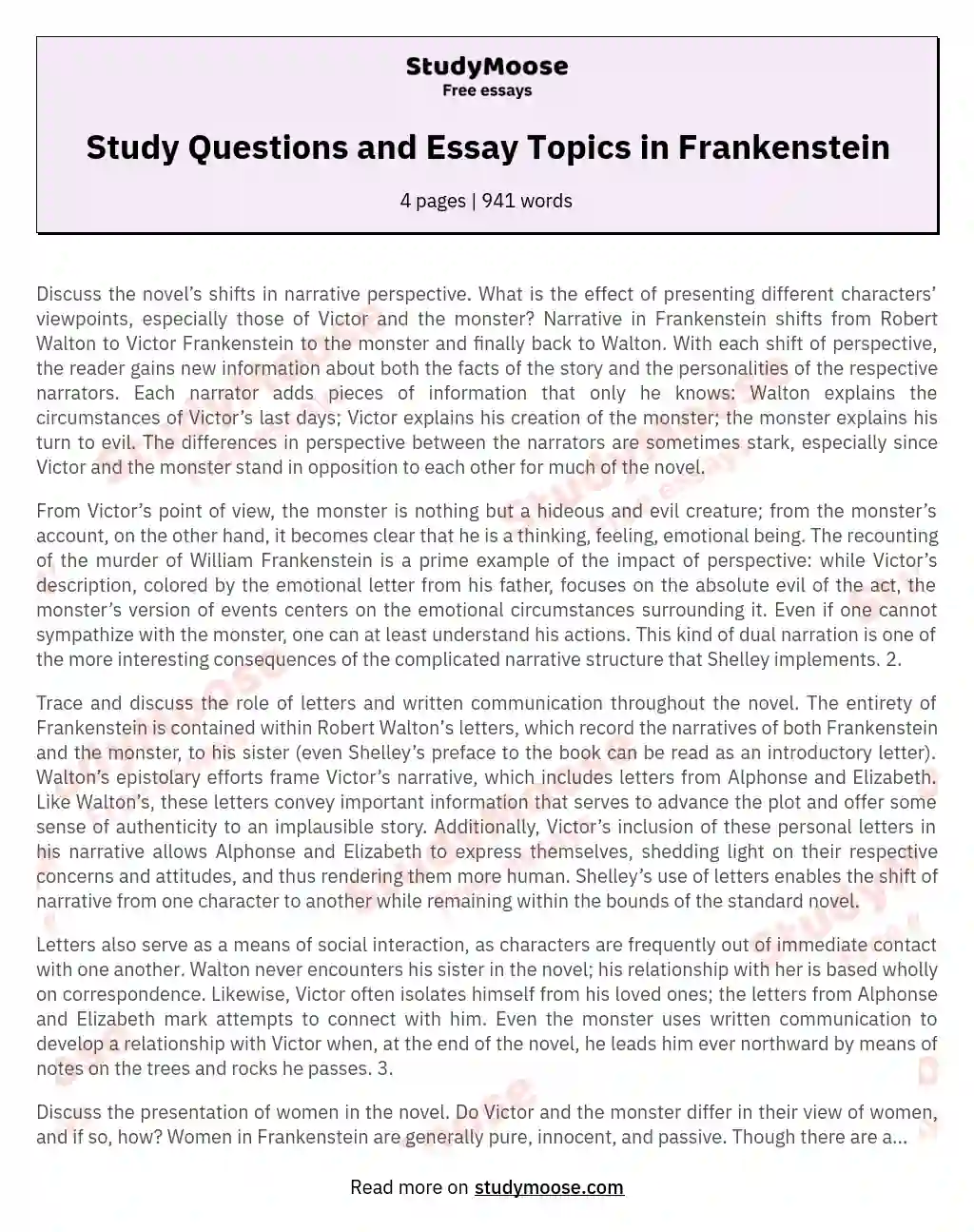 Study Questions and Essay Topics in Frankenstein