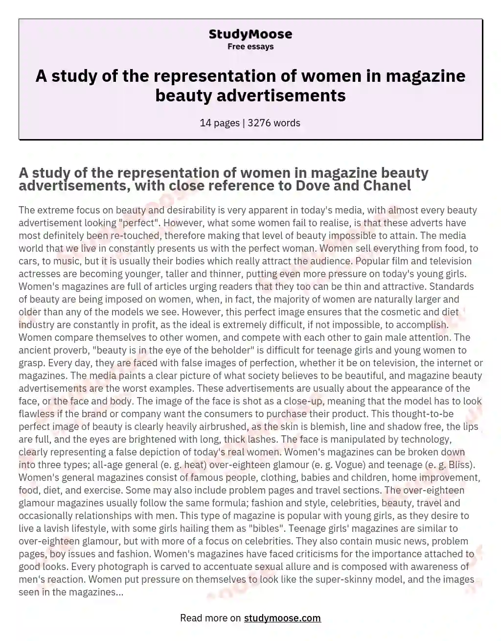 A study of the representation of women in magazine beauty advertisements essay