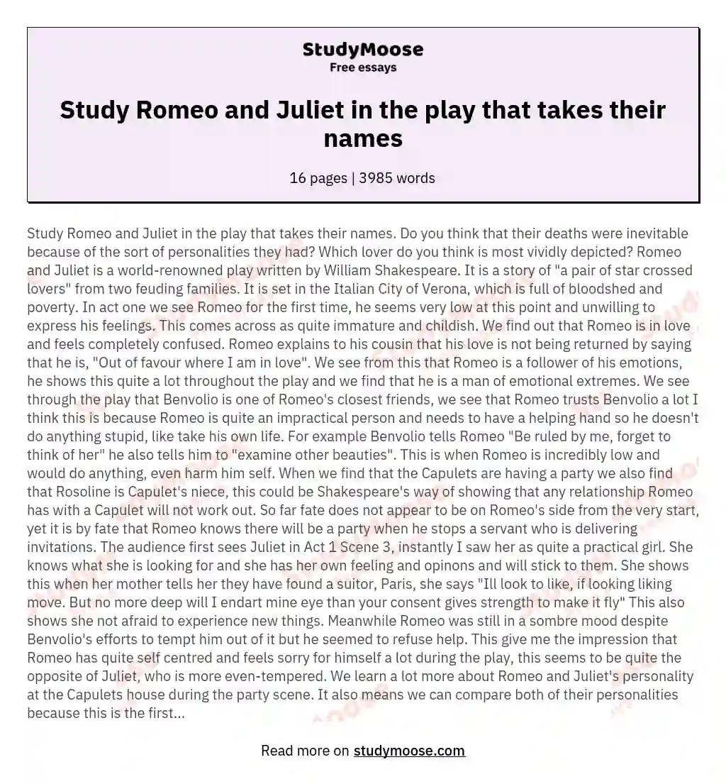 Study Romeo and Juliet in the play that takes their names essay