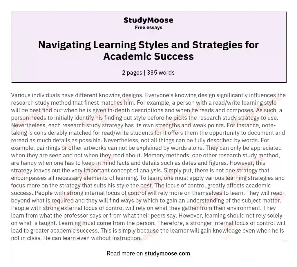 Navigating Learning Styles and Strategies for Academic Success essay