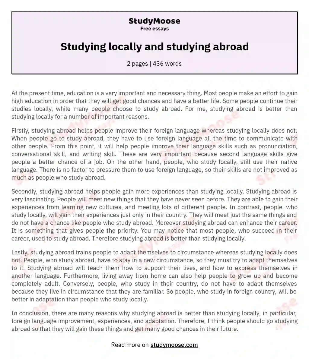 Studying locally and studying abroad essay