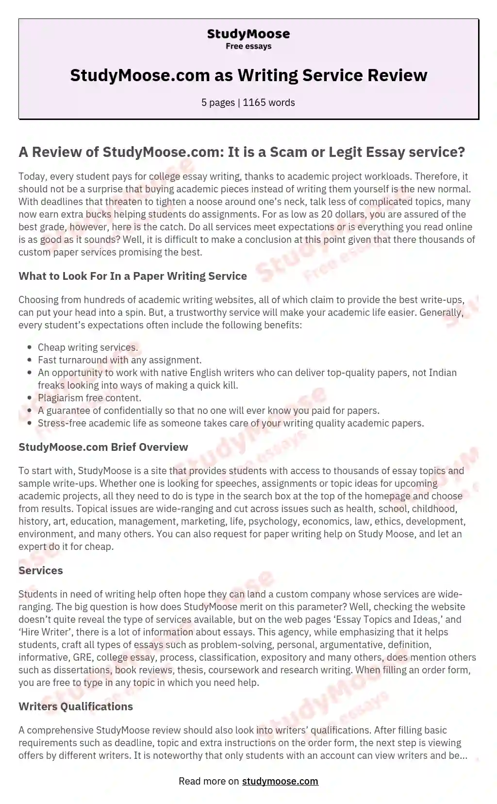 StudyMoose.com as Writing Service Review essay