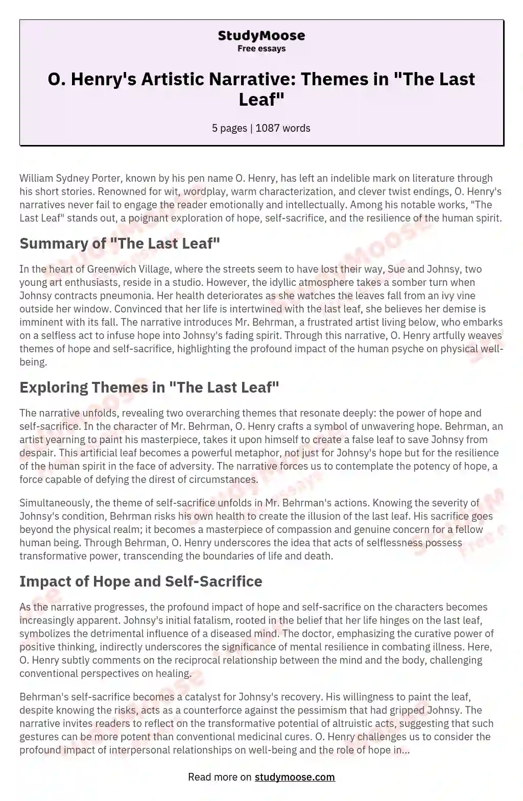 Stylistic Analysis of “The Last Leaf” by O. Henry