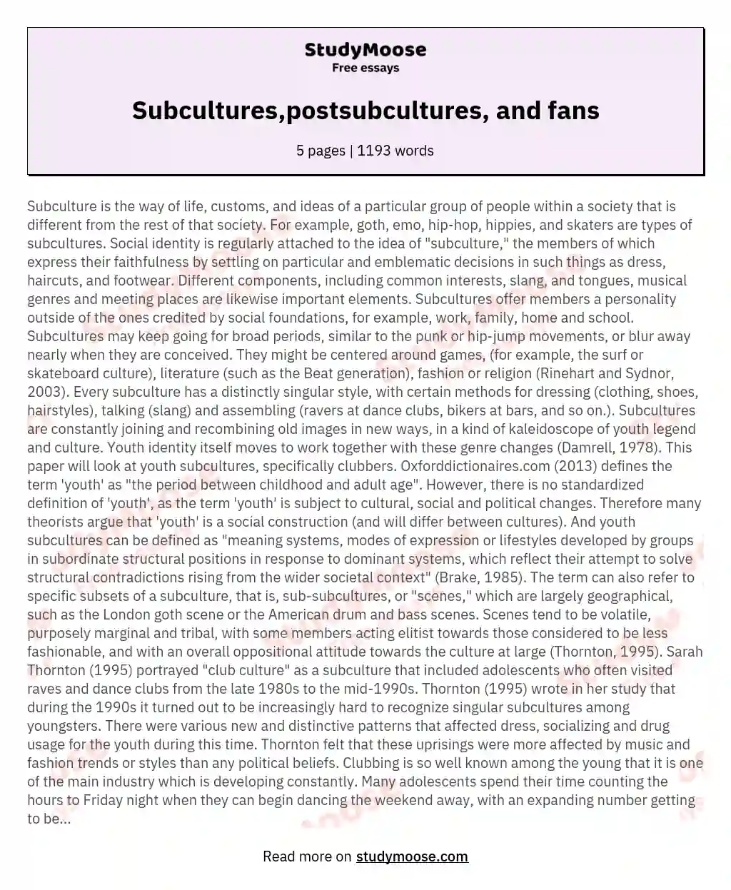 Subcultures,postsubcultures, and fans essay