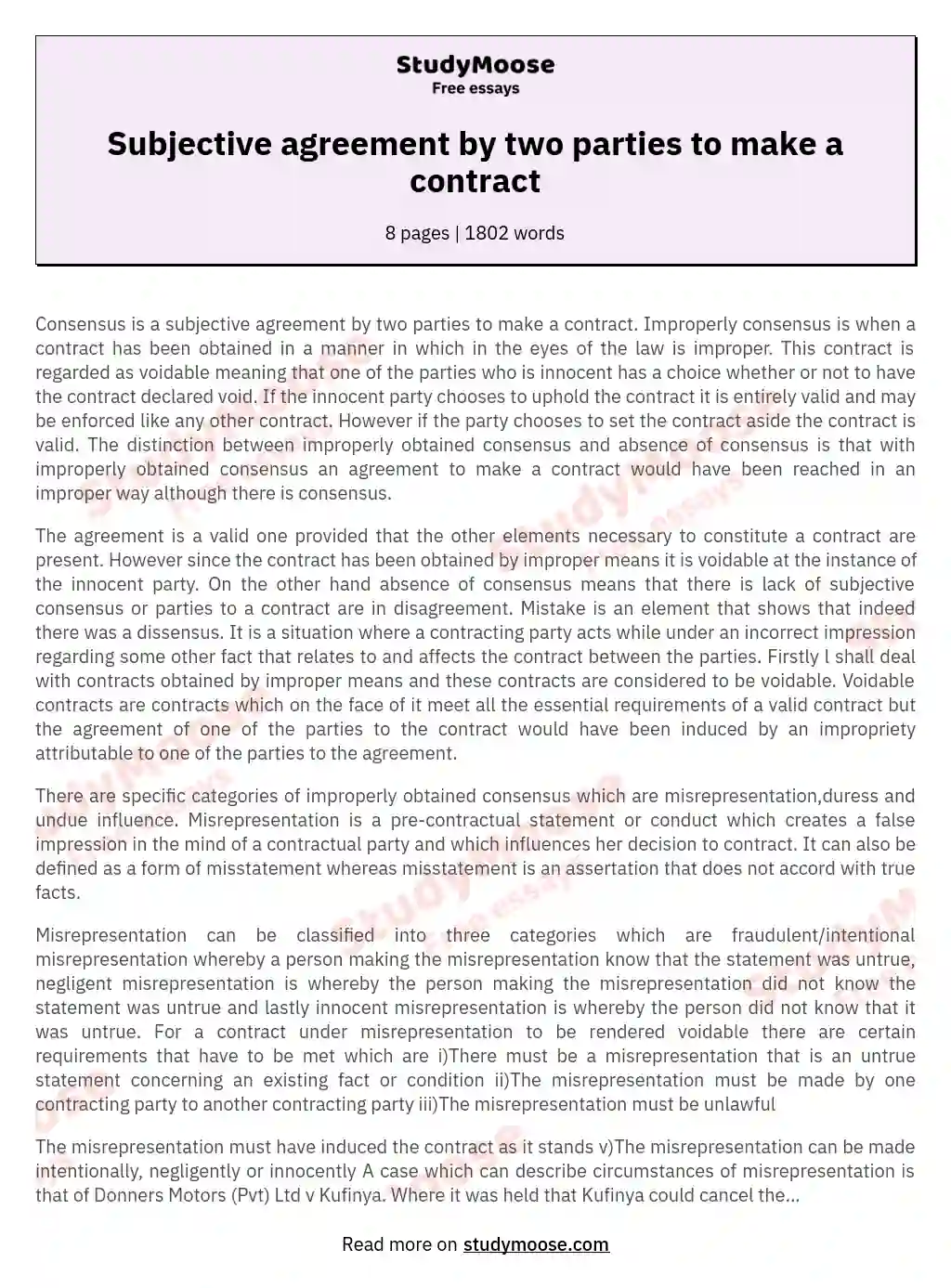 Subjective agreement by two parties to make a contract essay