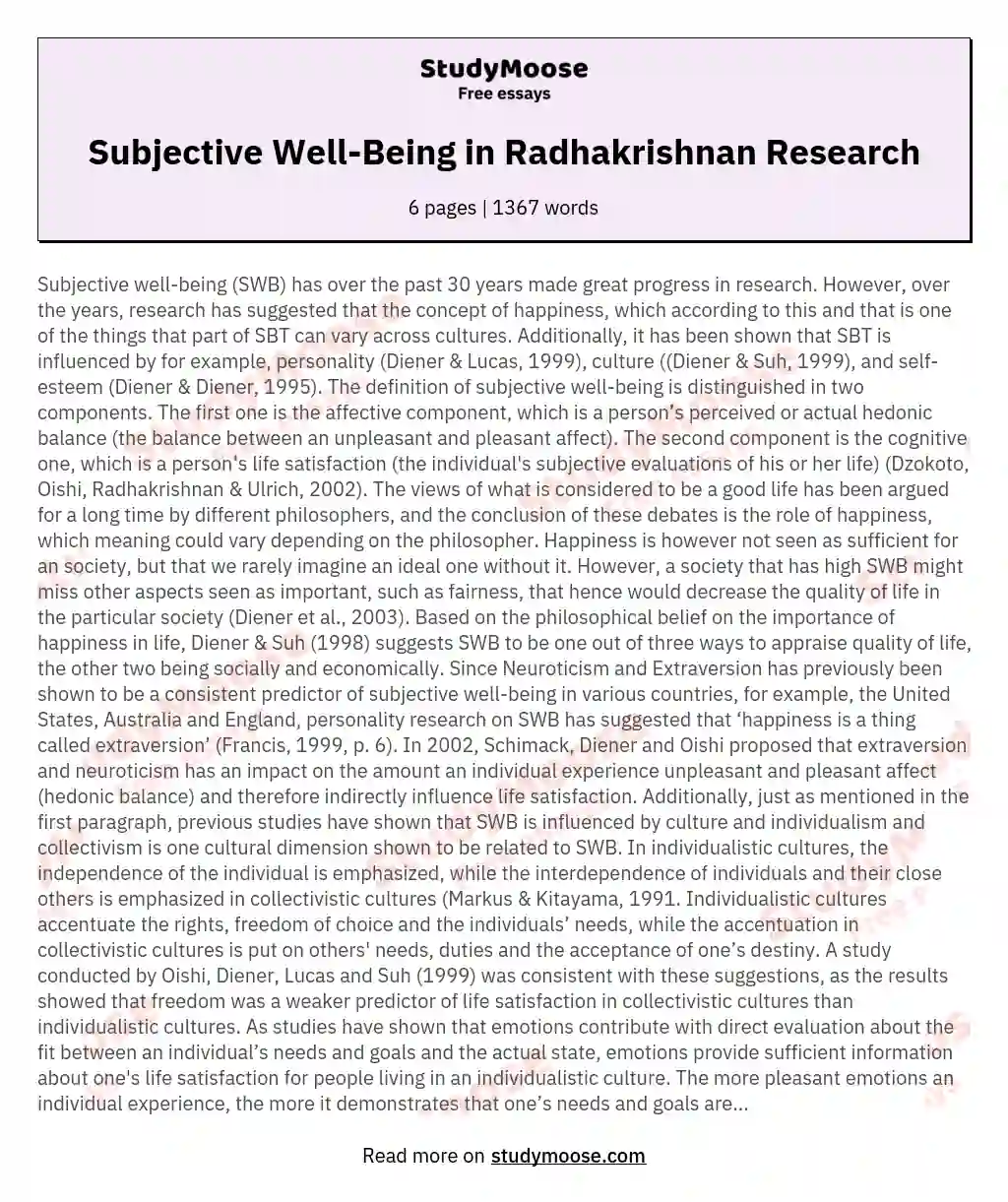 Subjective Well-Being in Radhakrishnan Research essay