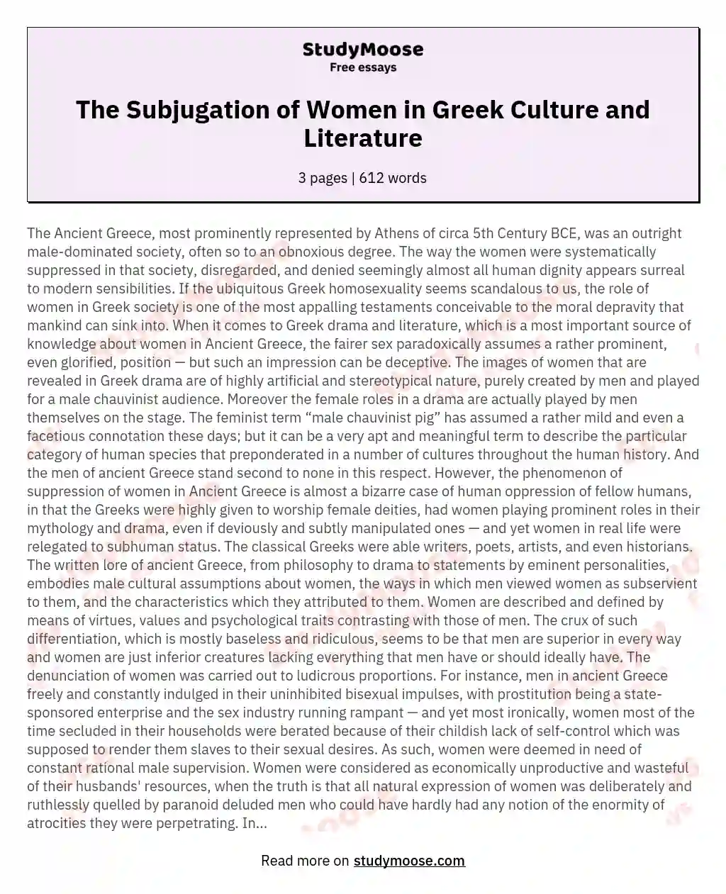 The Subjugation of Women in Greek Culture and Literature essay