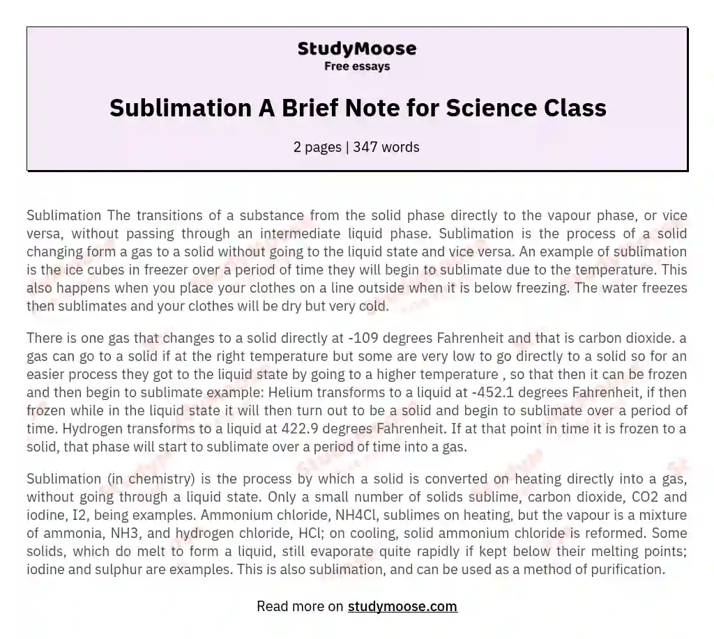 Sublimation A Brief Note for Science Class essay