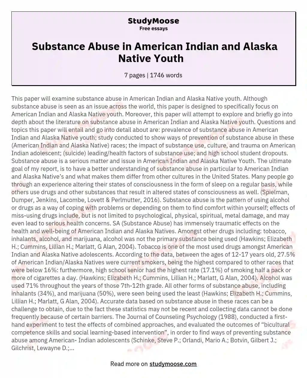  Substance Abuse in American Indian and Alaska Native Youth   essay