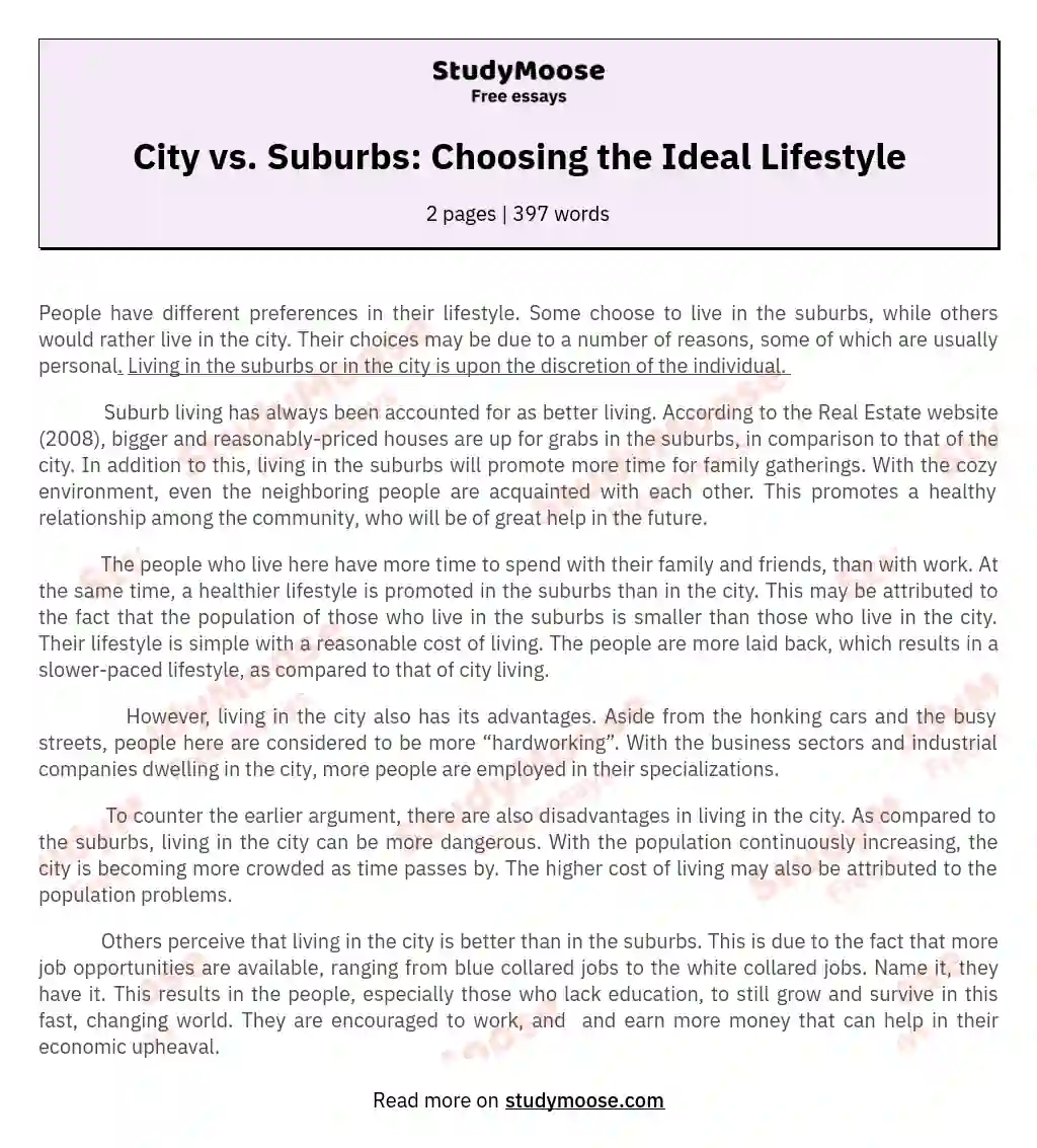 City vs. Suburbs: Choosing the Ideal Lifestyle essay