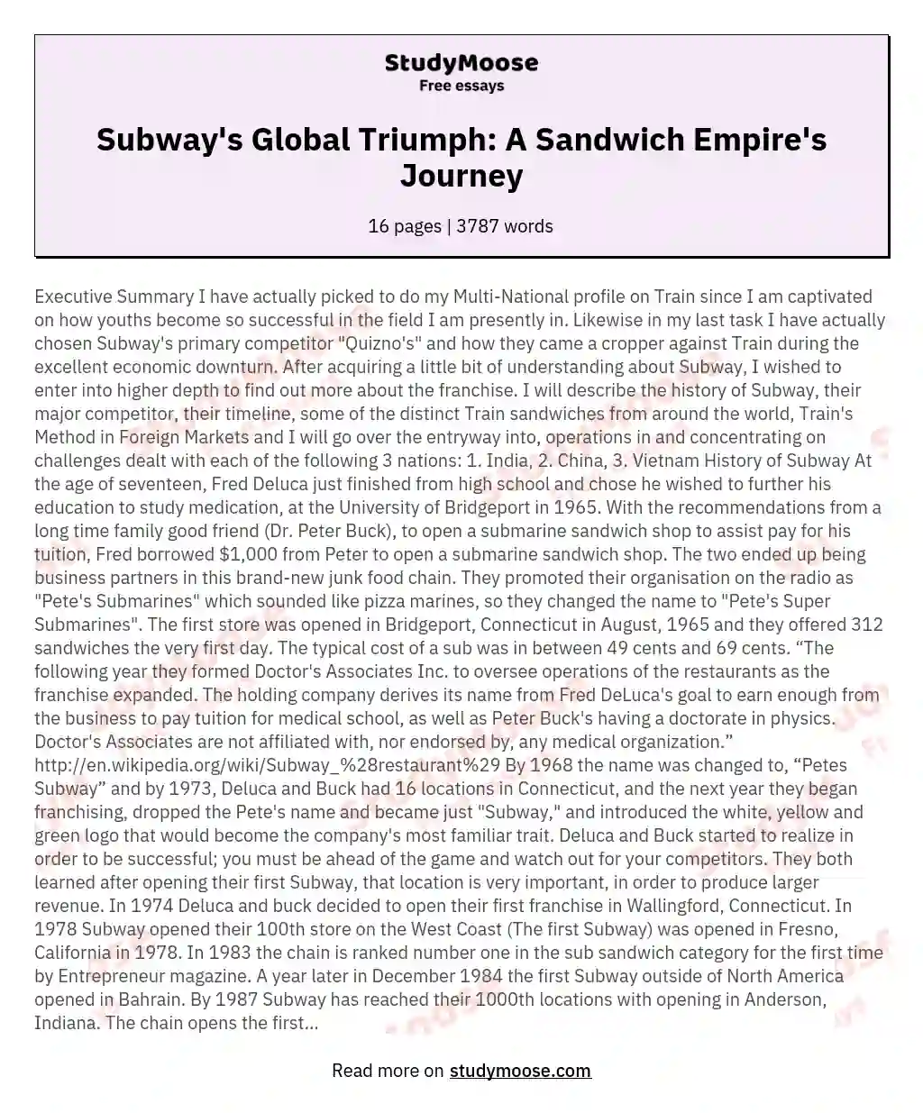 Subway's Global Triumph: A Sandwich Empire's Journey essay
