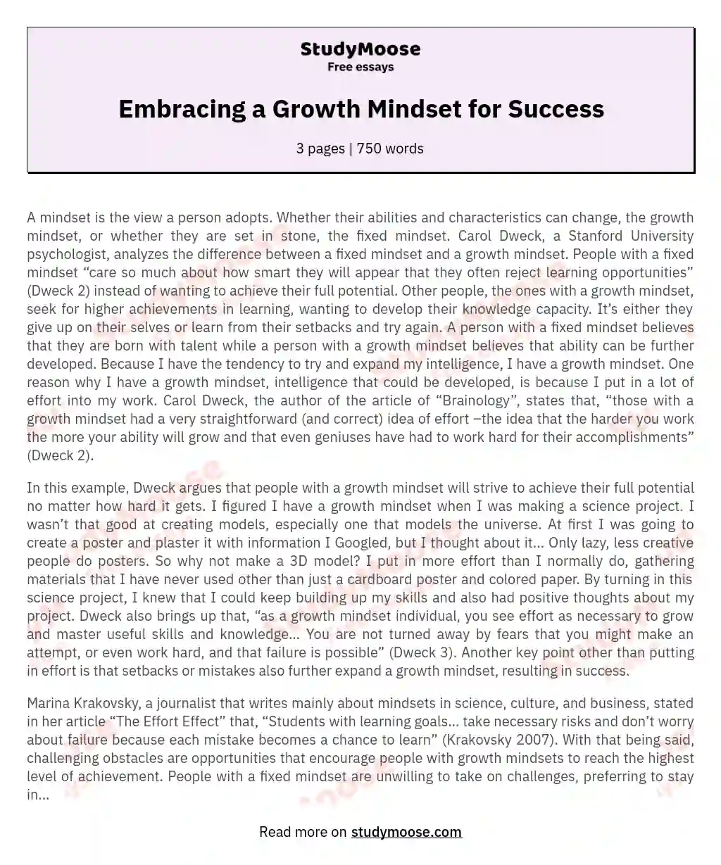 Embracing a Growth Mindset for Success essay