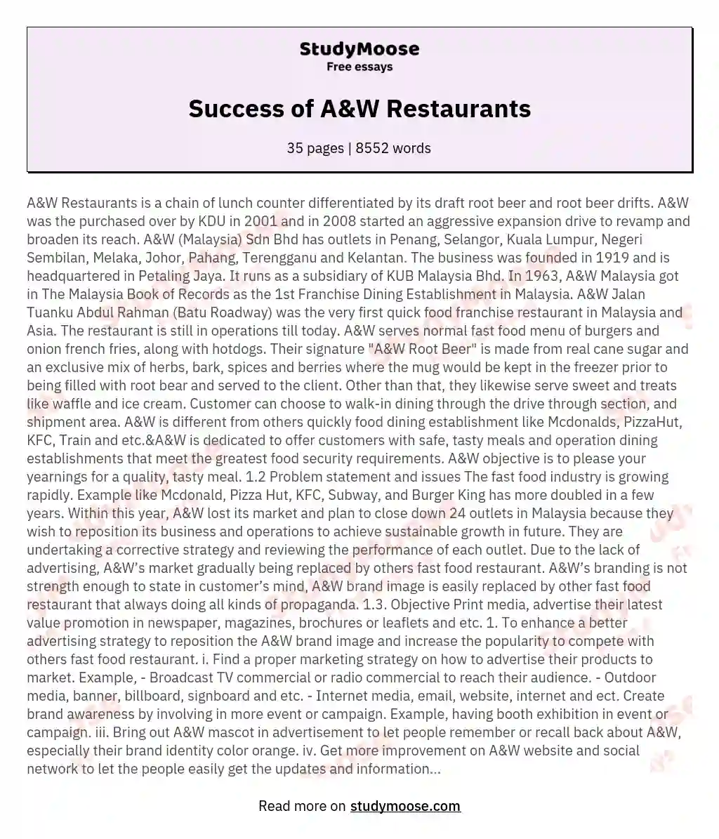 Success of A&W Restaurants essay