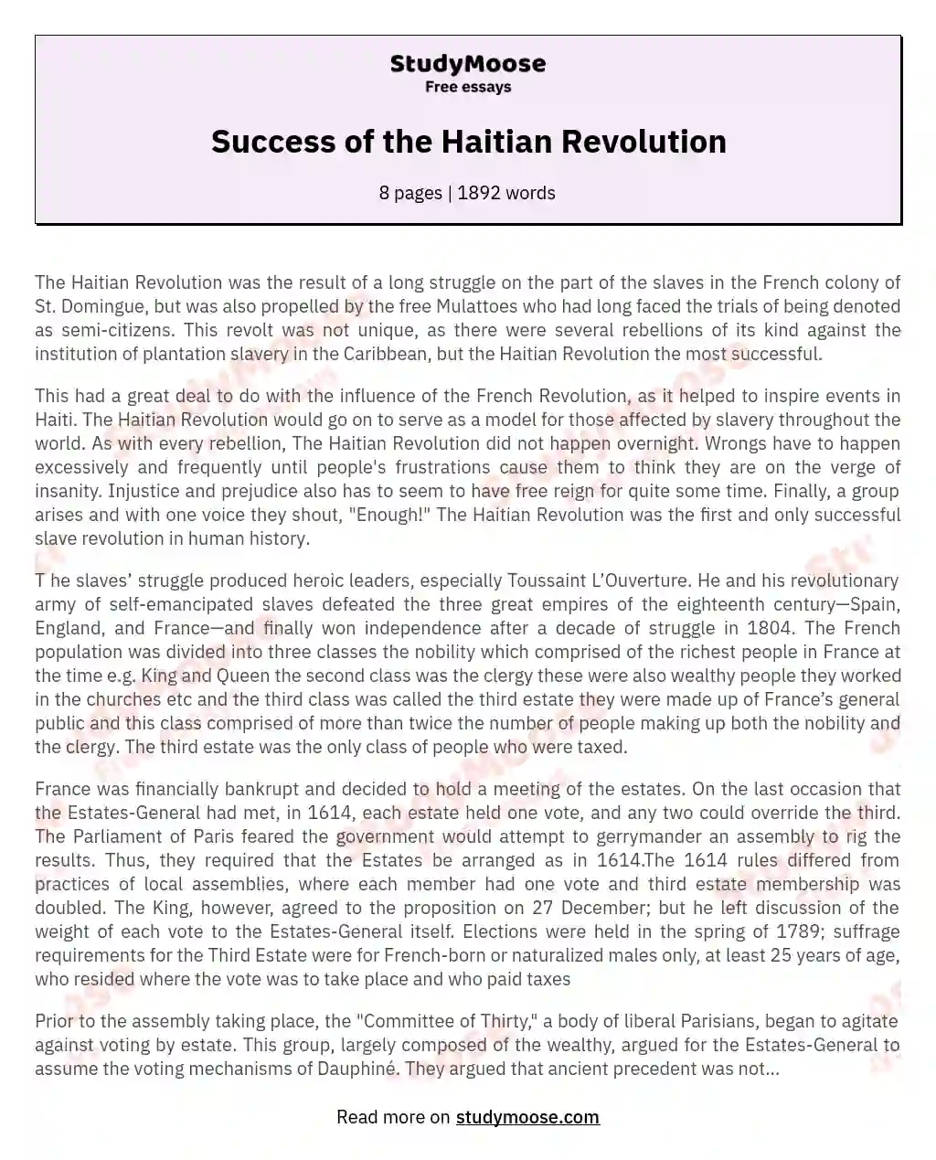 Success of the Haitian Revolution essay