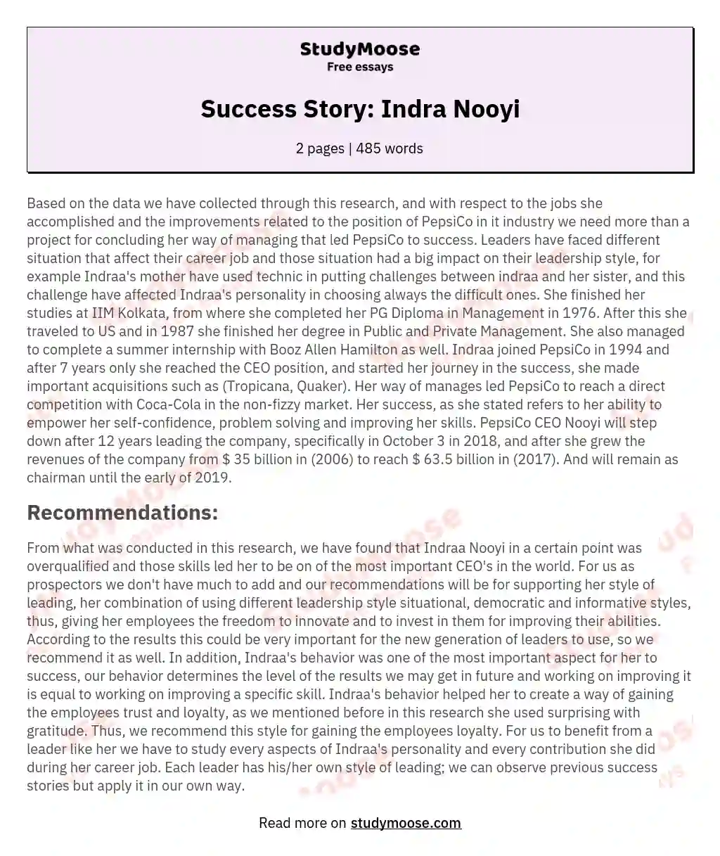 Success Story: Indra Nooyi essay
