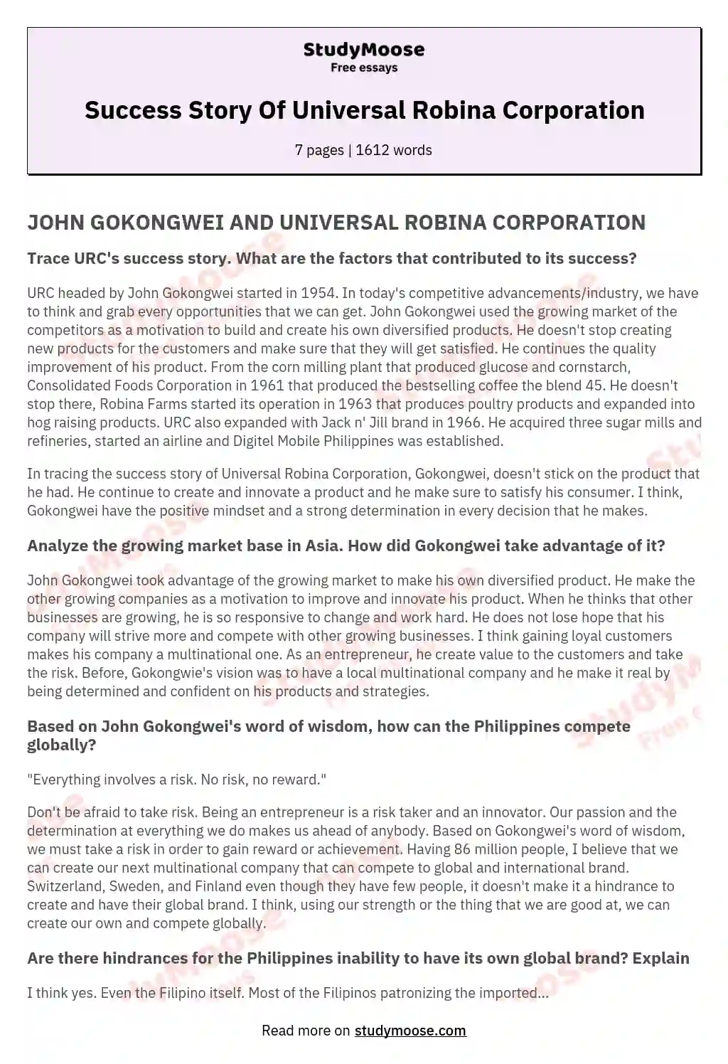 Success Story Of Universal Robina Corporation essay