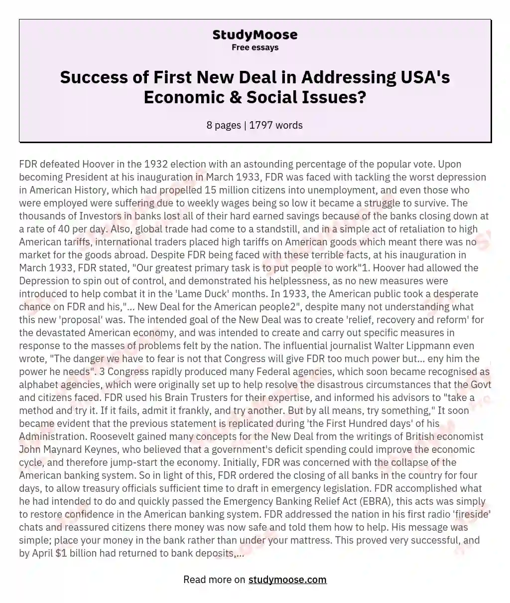 How successful was the First New Deal in tackling the economic and social problems of the USA?
