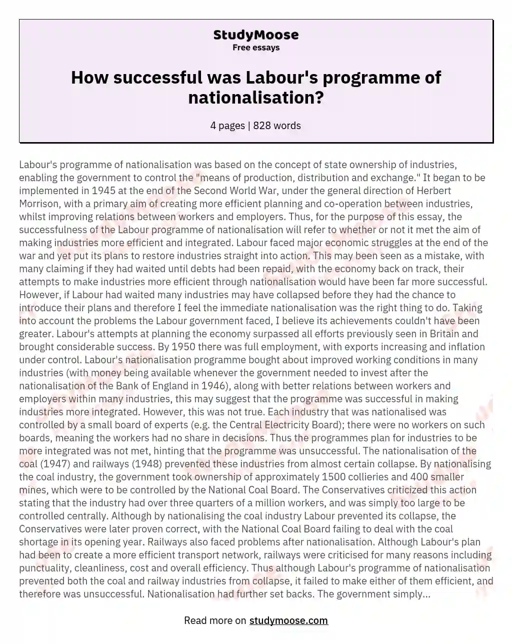 How successful was Labour's programme of nationalisation? essay