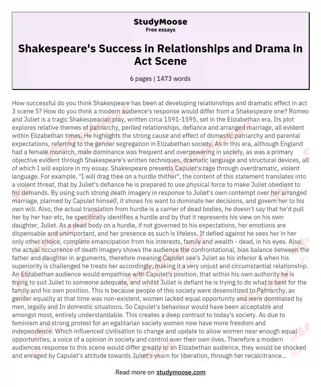 Shakespeare's Success in Relationships and Drama in Act  Scene essay