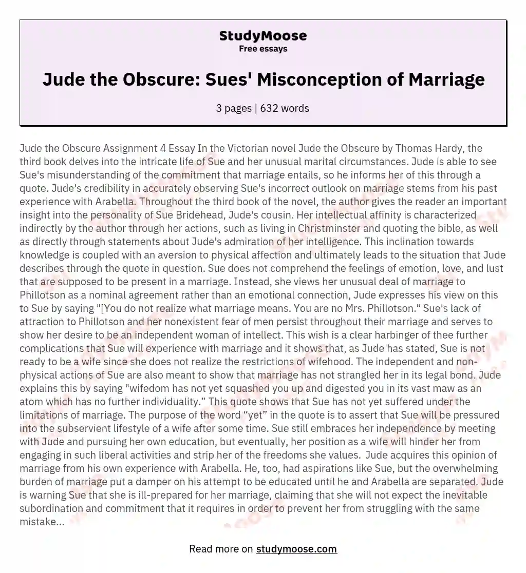 Jude the Obscure: Sues' Misconception of Marriage essay