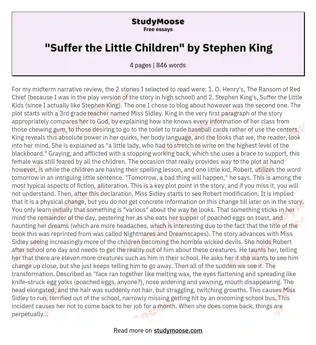 "Suffer the Little Children" by Stephen King essay