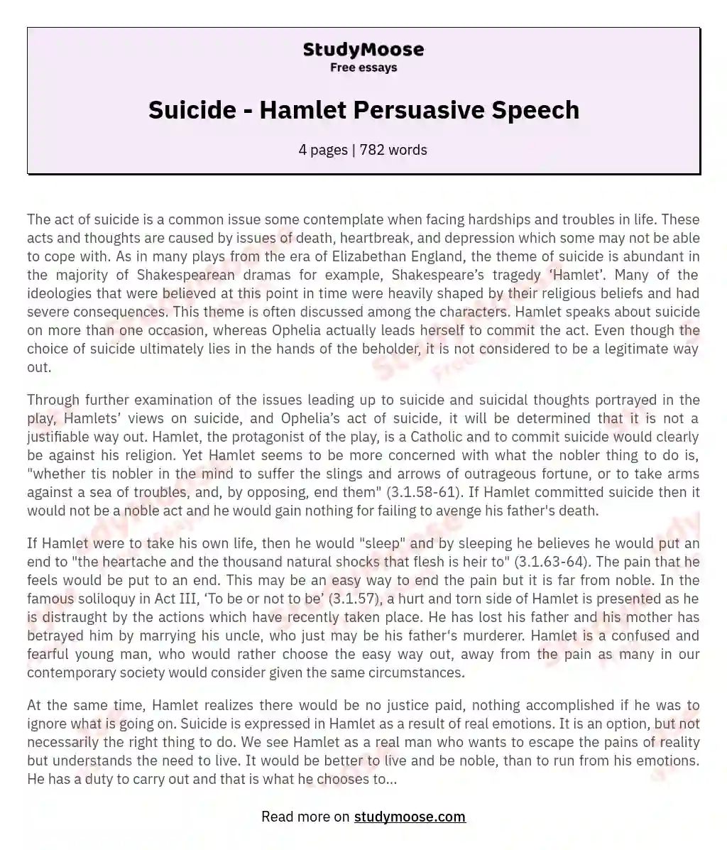 Suicide - Hamlet Persuasive Speech essay