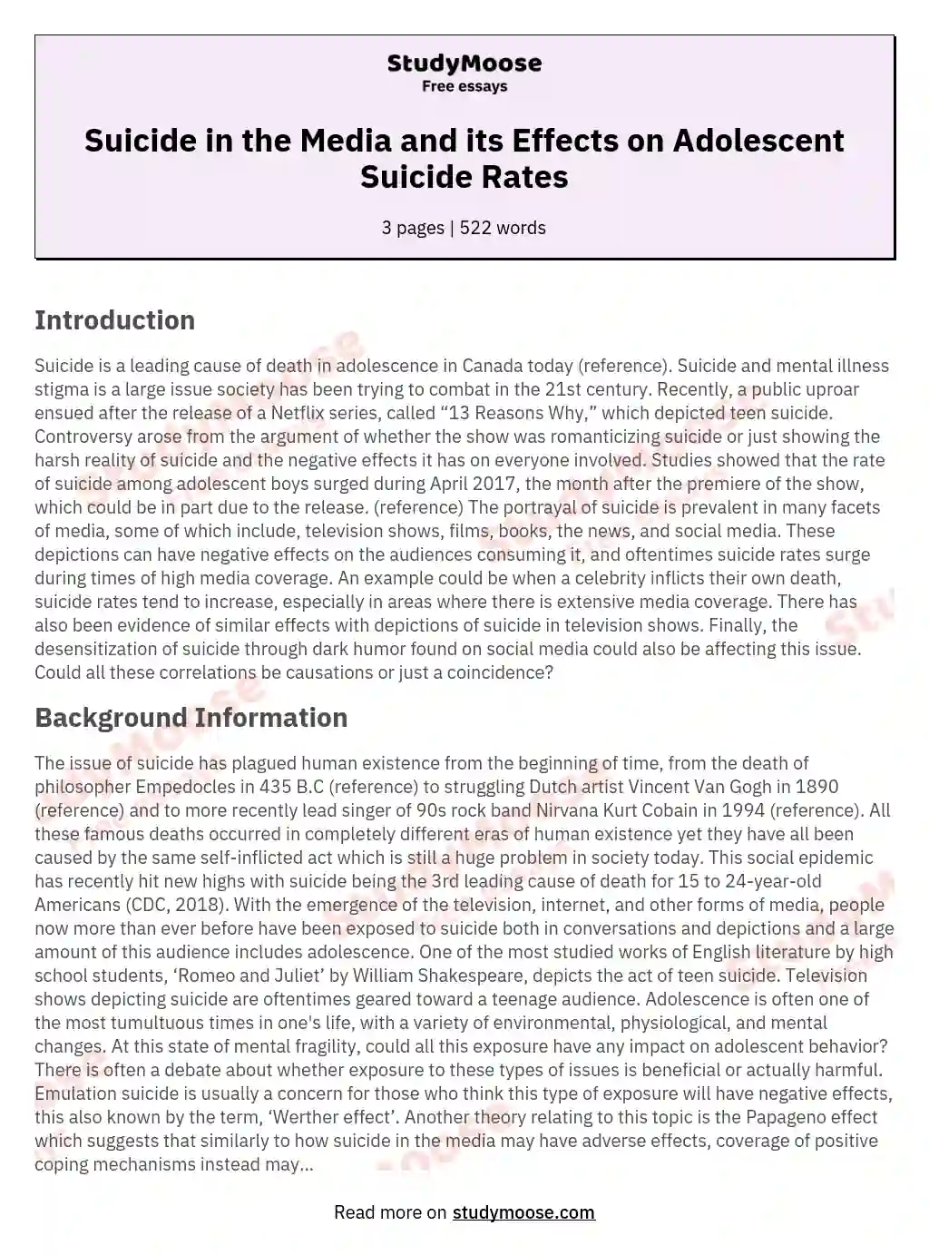 Suicide in the Media and its Effects on Adolescent Suicide Rates