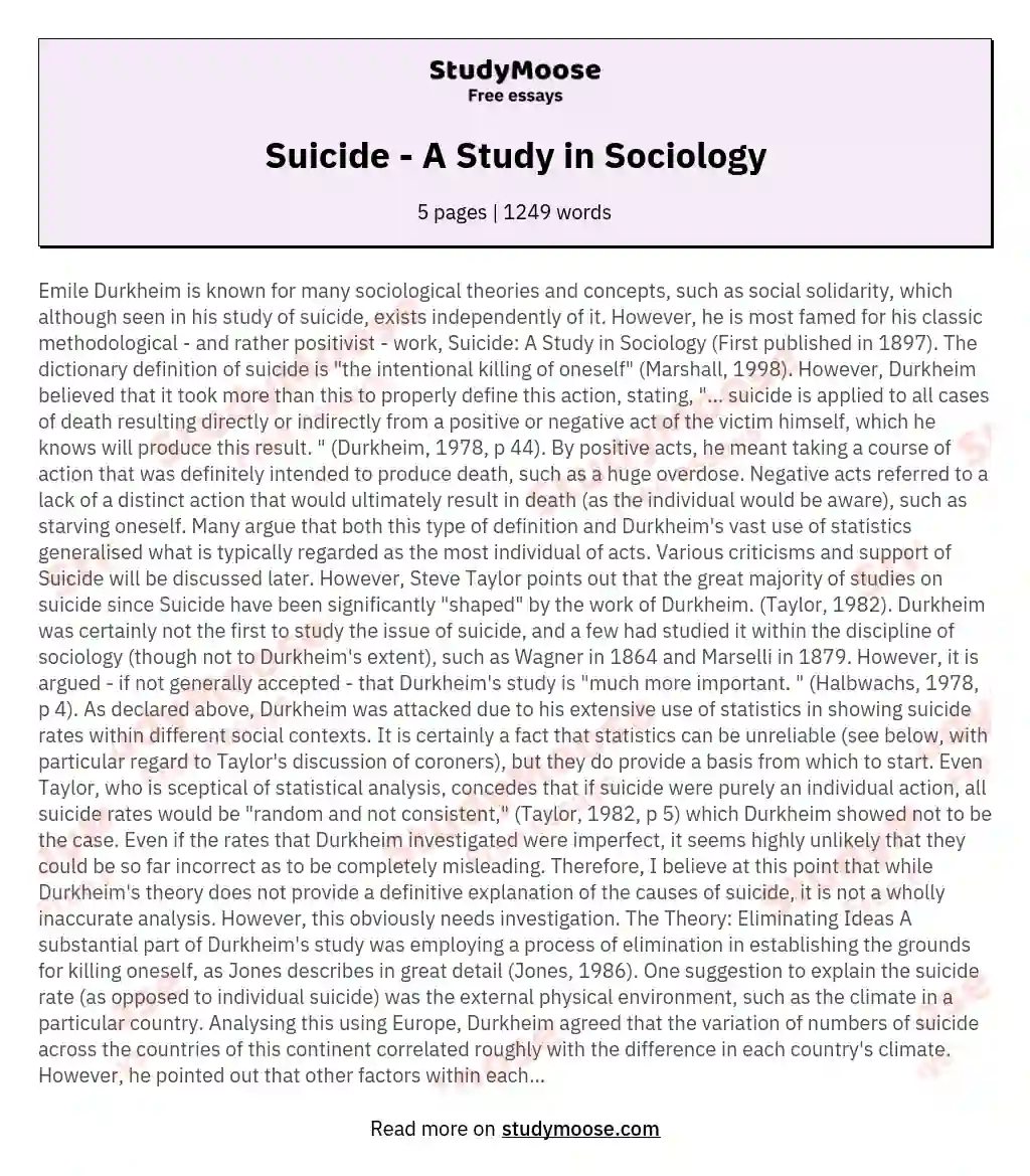 Suicide - A Study in Sociology essay