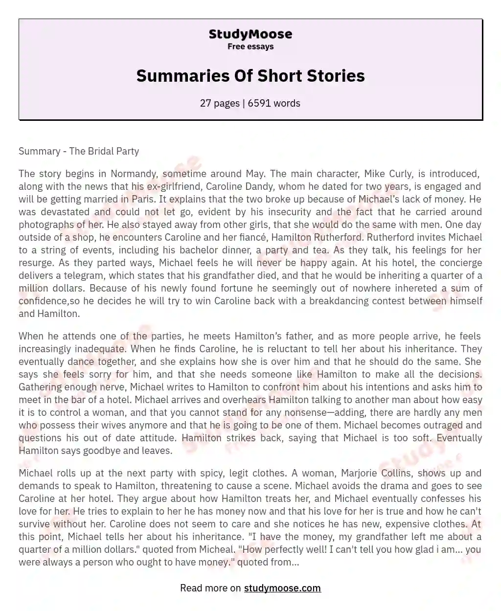 Summaries Of Short Stories essay