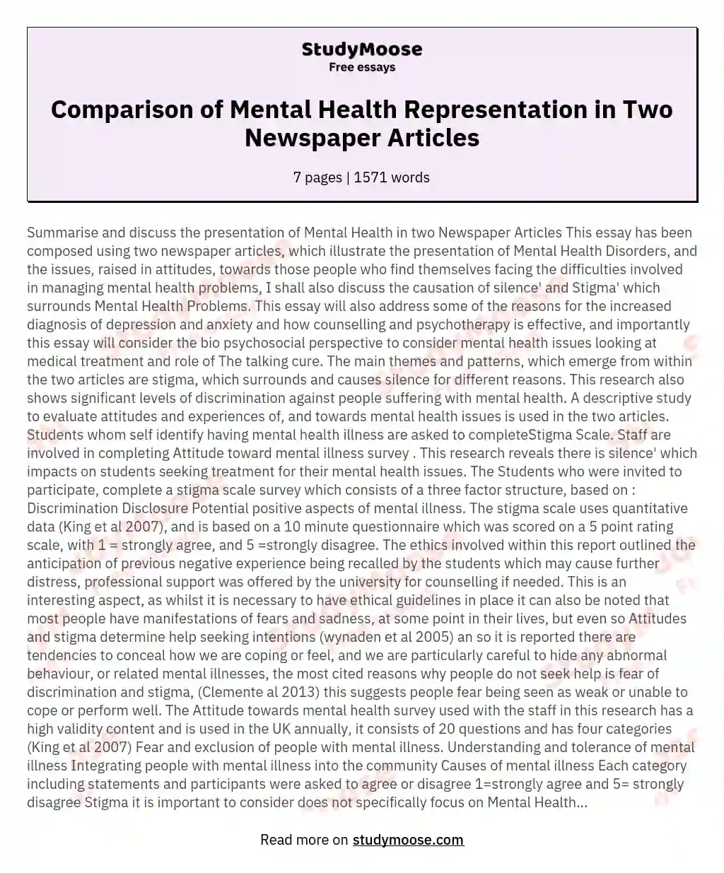 Comparison of Mental Health Representation in Two Newspaper Articles essay