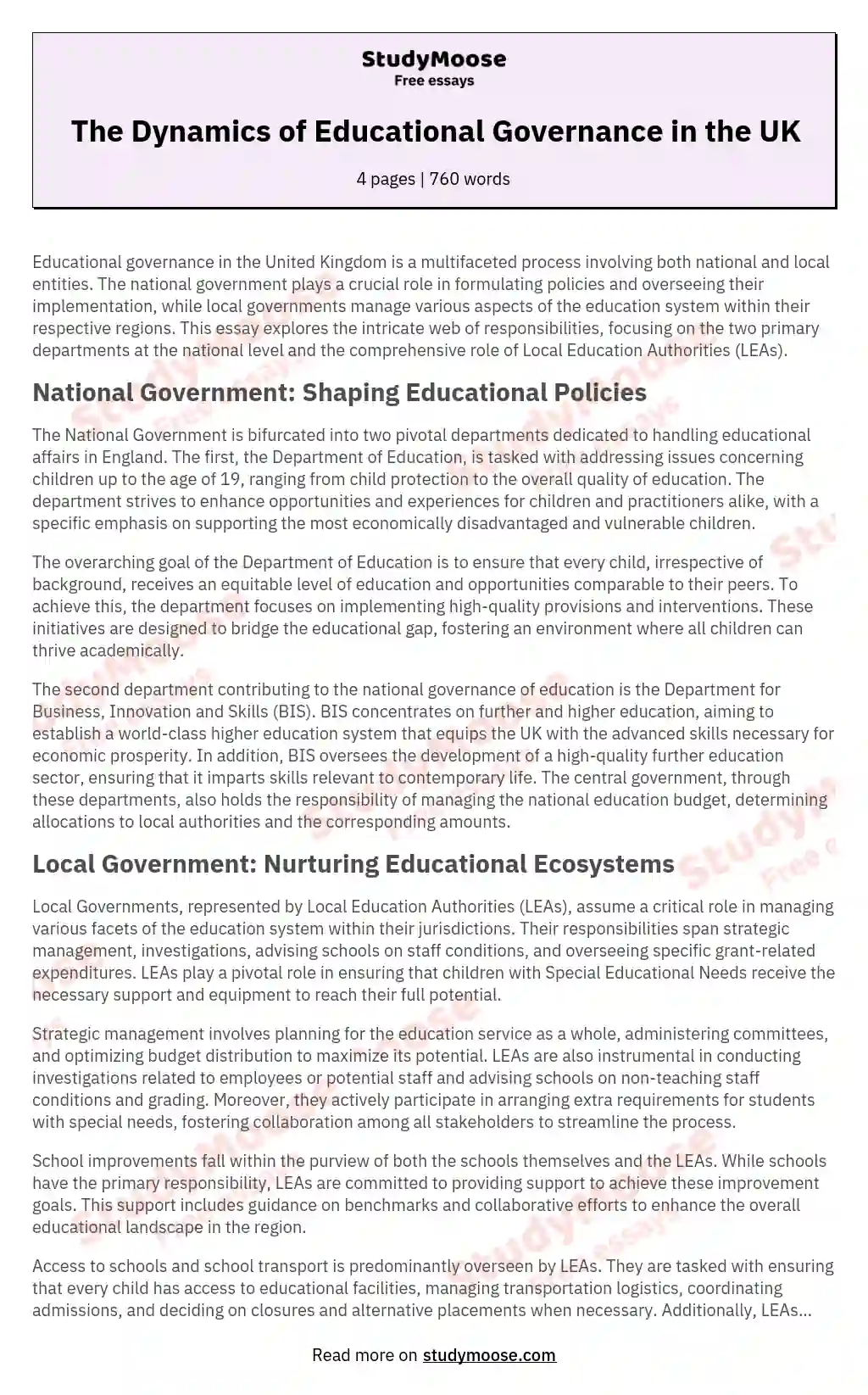 The Dynamics of Educational Governance in the UK essay