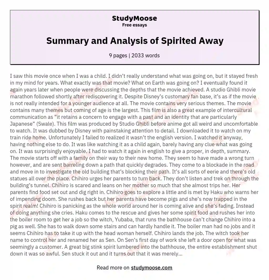 Summary and Analysis of Spirited Away essay