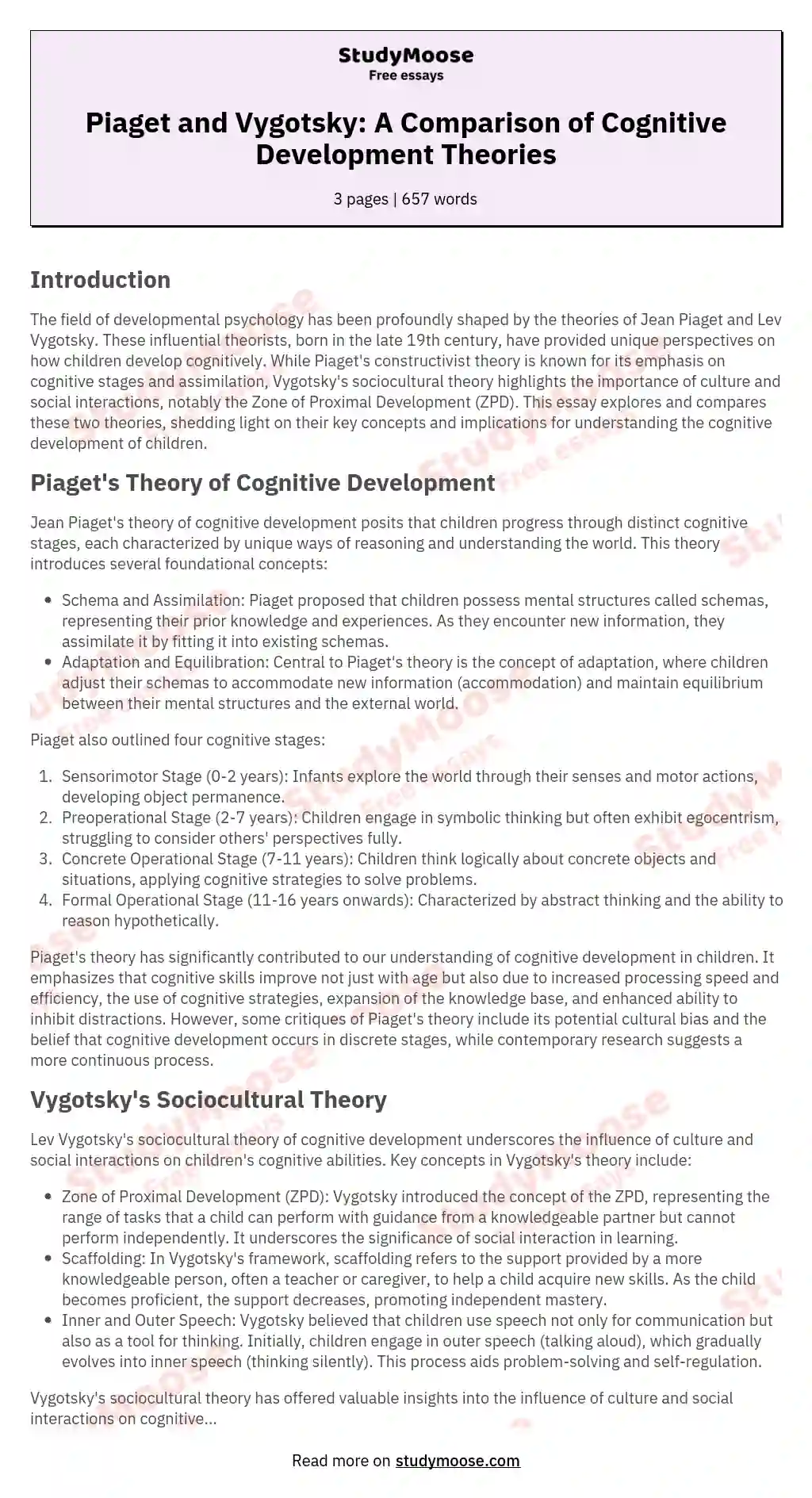 Piaget and Vygotsky: A Comparison of Cognitive Development Theories essay