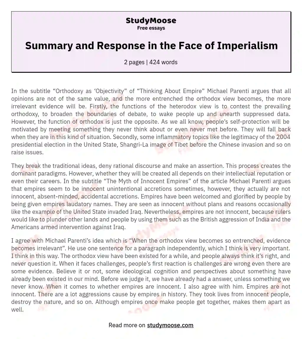 Summary and Response in the Face of Imperialism essay