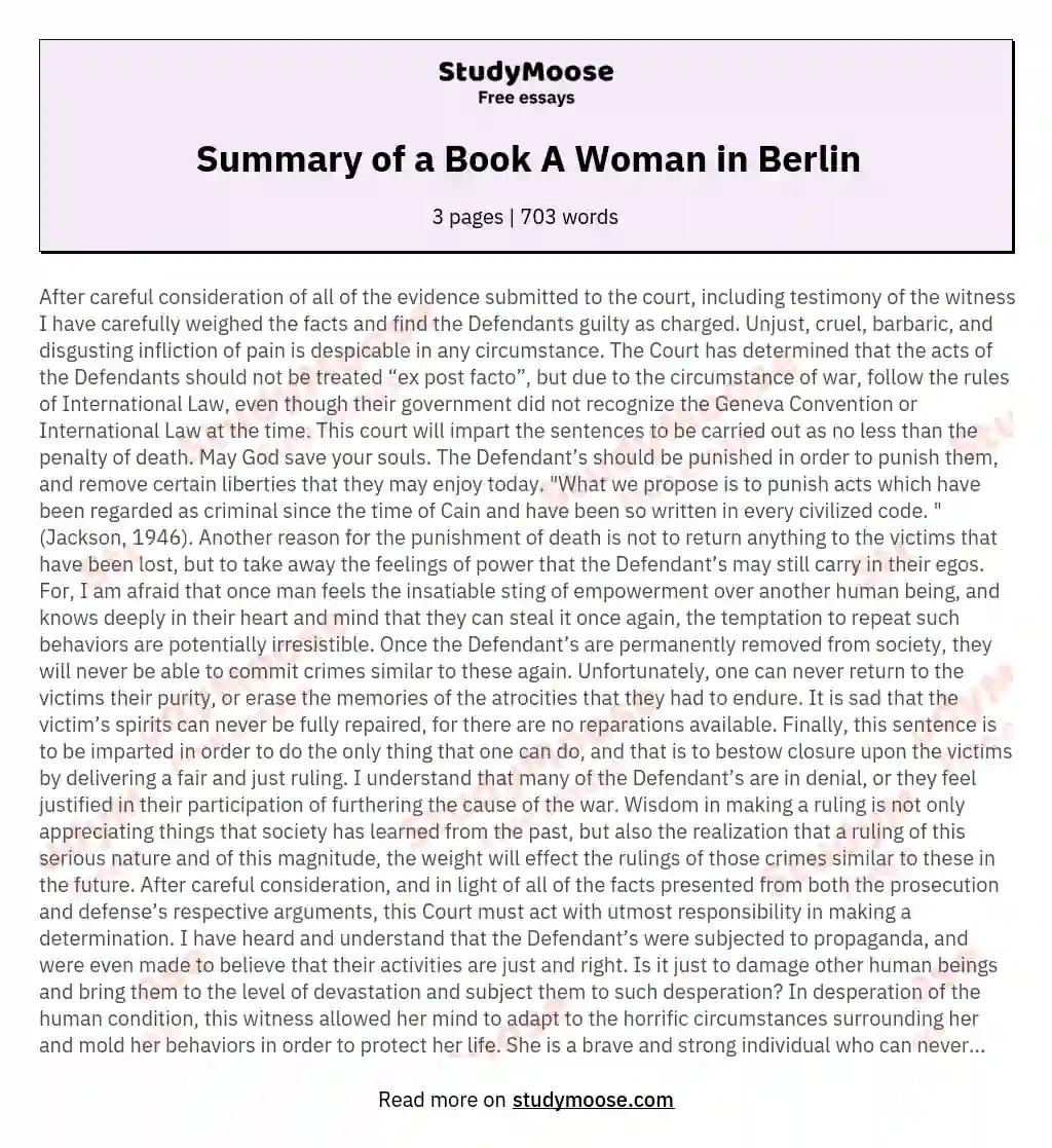 Summary of a Book A Woman in Berlin essay