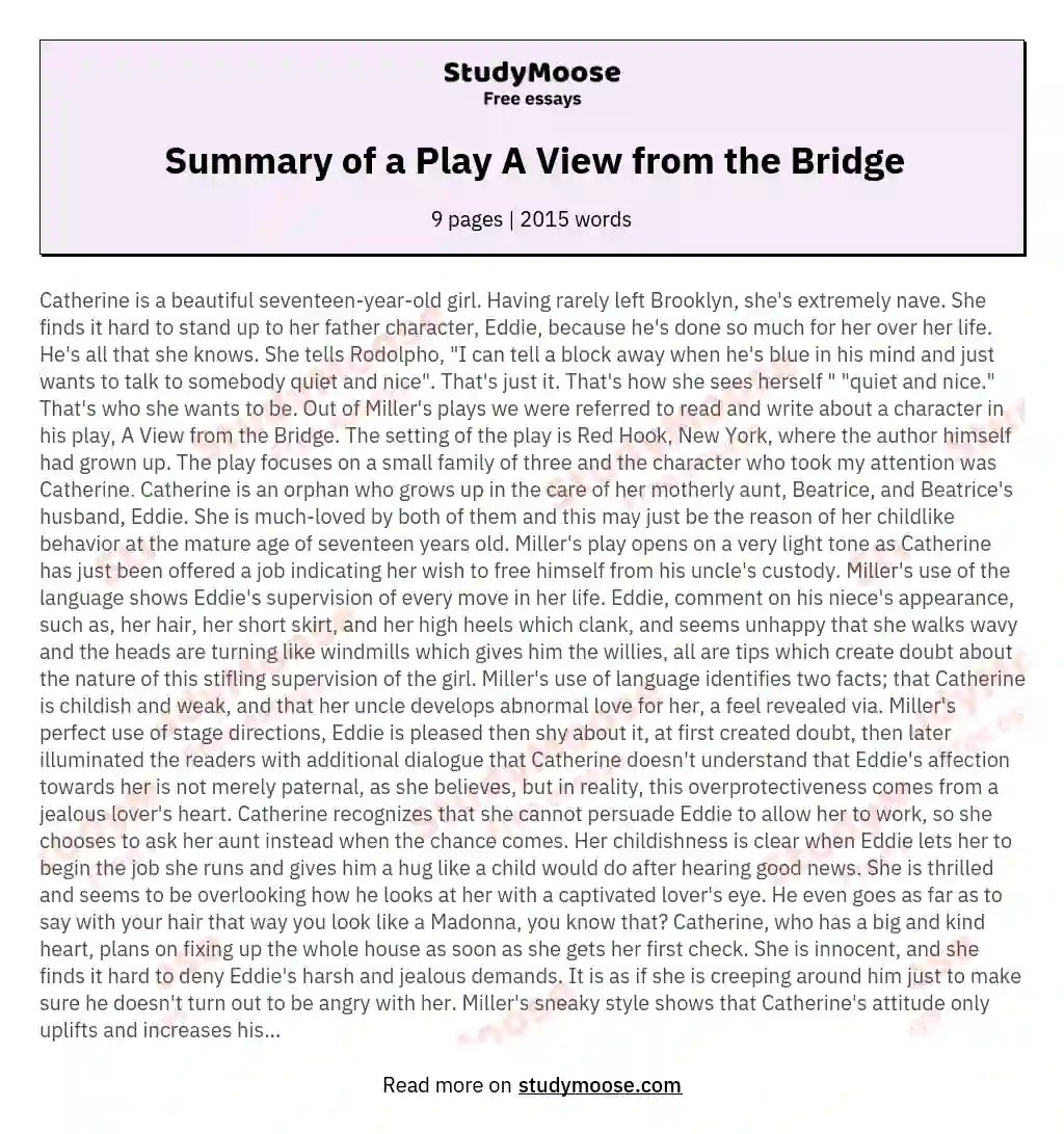 Summary of a Play A View from the Bridge essay