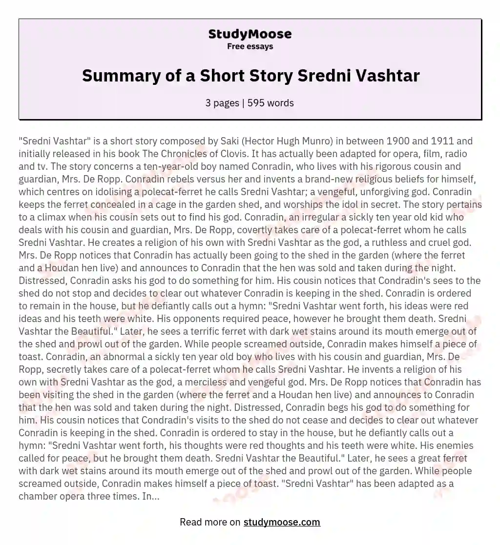 Summary of a Short Story Sredni Vashtar essay