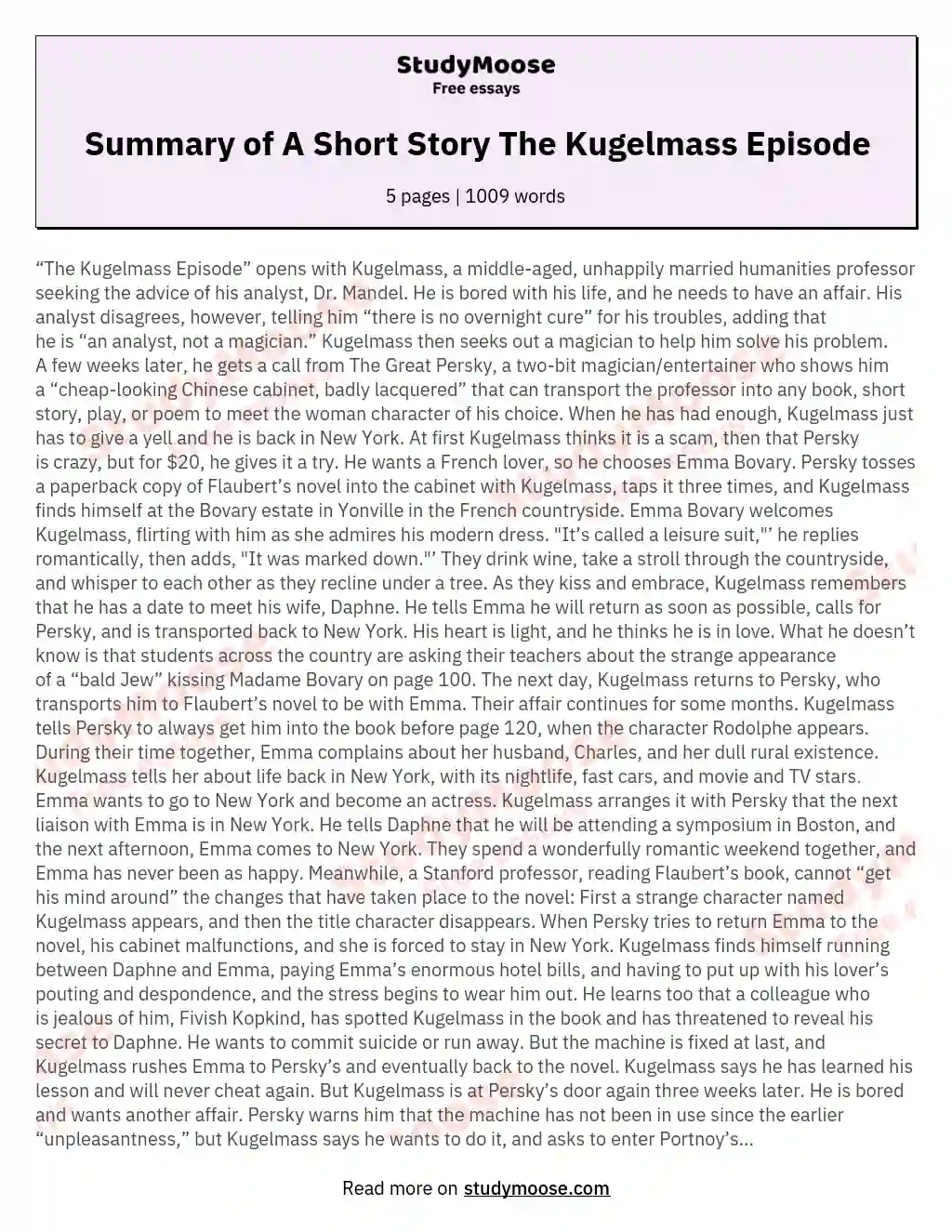 Summary of A Short Story The Kugelmass Episode essay