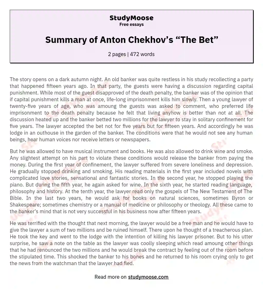 Summary of Anton Chekhov’s “The Bet” essay