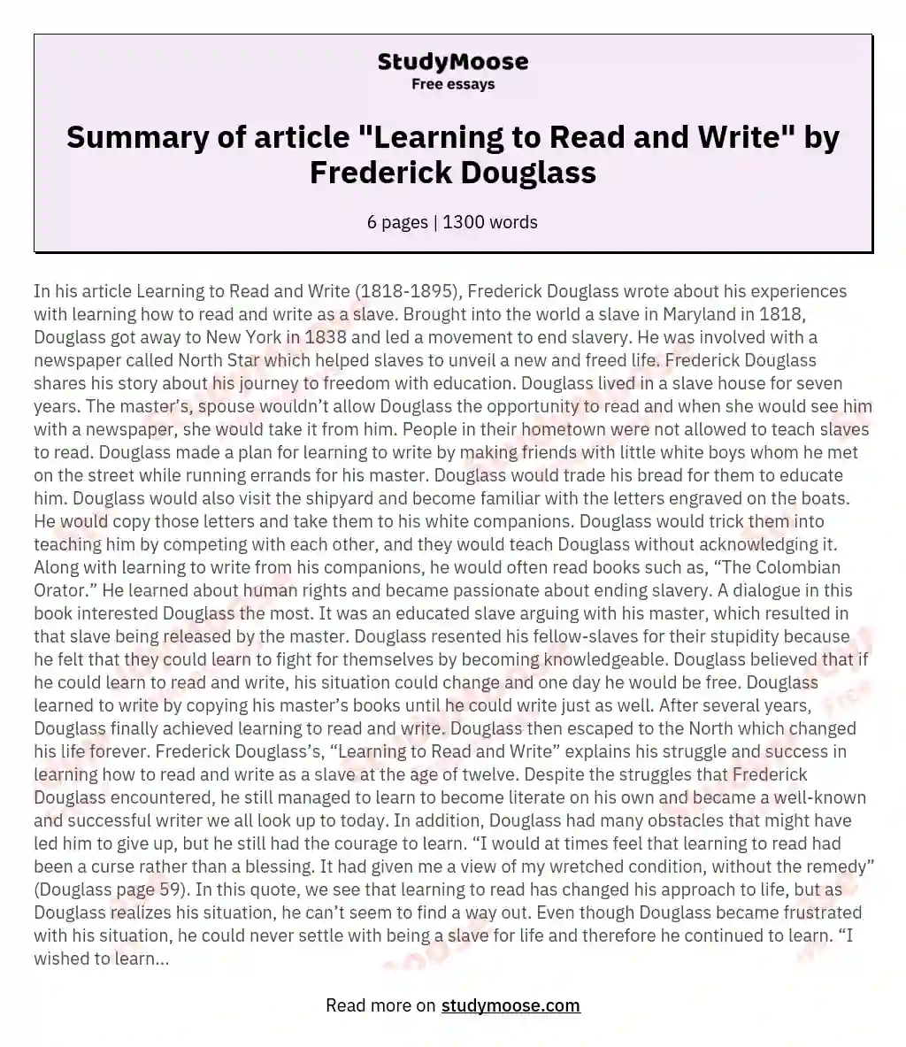 Summary of article "Learning to Read and Write" by Frederick Douglass essay
