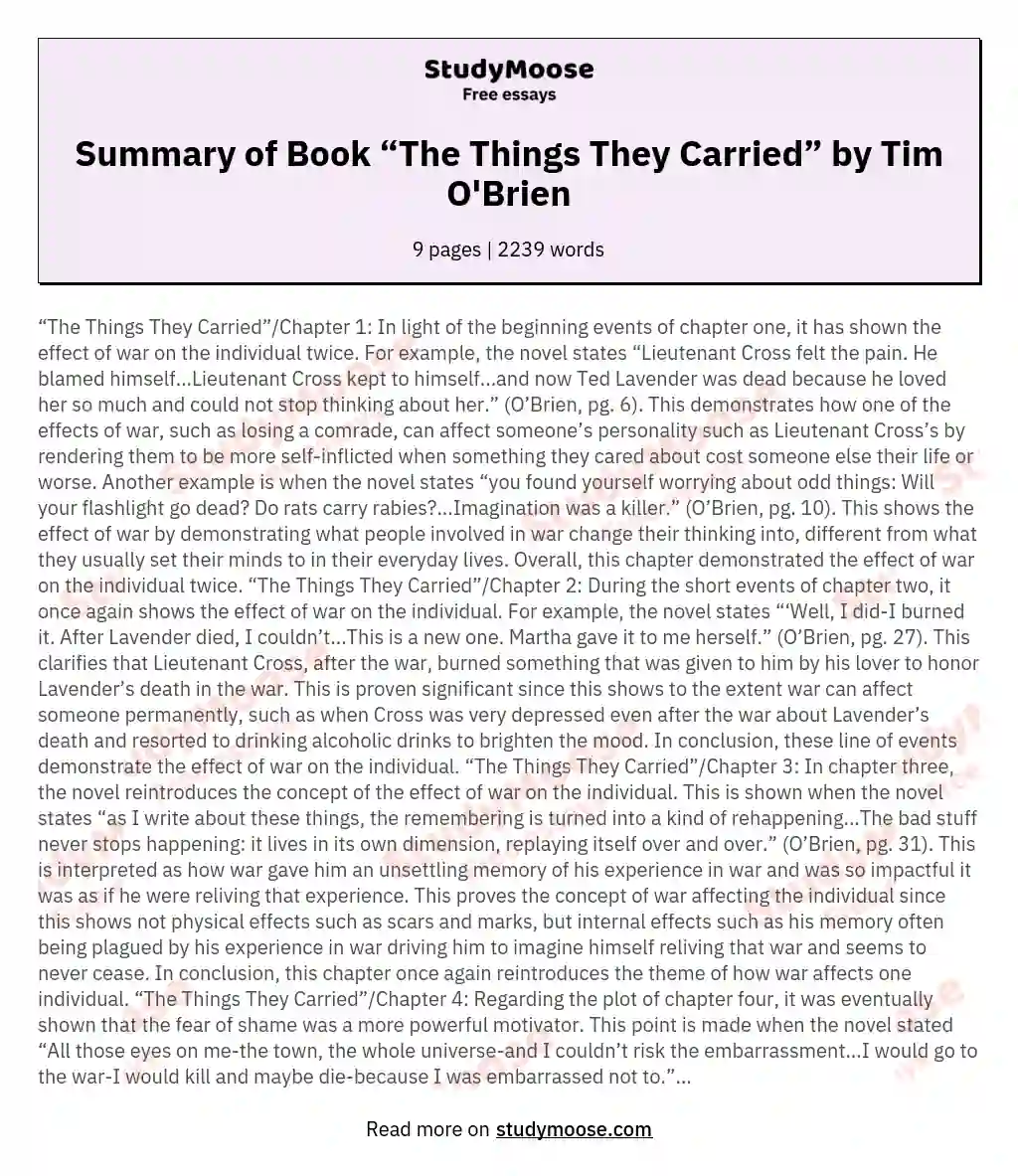 Summary of Book “The Things They Carried” by Tim O'Brien